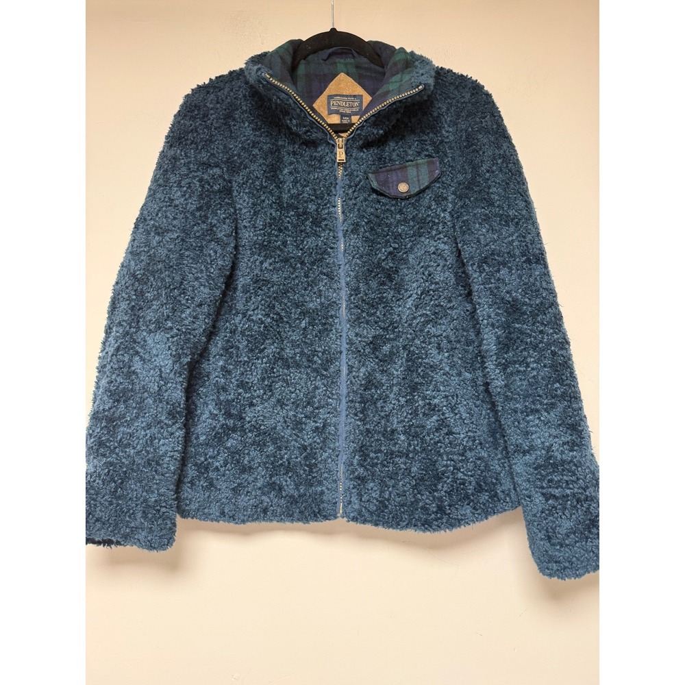 Pendleton Sherpa Fleece Jacket Women S Teal Blue Excellent Plaid Trim Zip Up